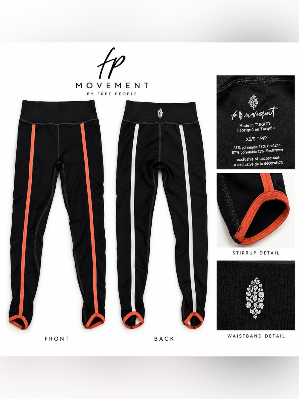 Kids Black Stirrup Leggings with Orange and White Stripe